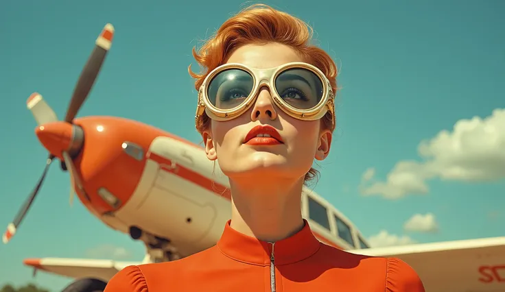 Close-up portrait of a young woman, likely in her late s or early twenties, with fiery red hair. She wears a bright, bold, red, form-fitting jumpsuit, reminiscent of a pilot's outfit. Large, gold-rimmed aviator goggles, white with gold accents, frame her...