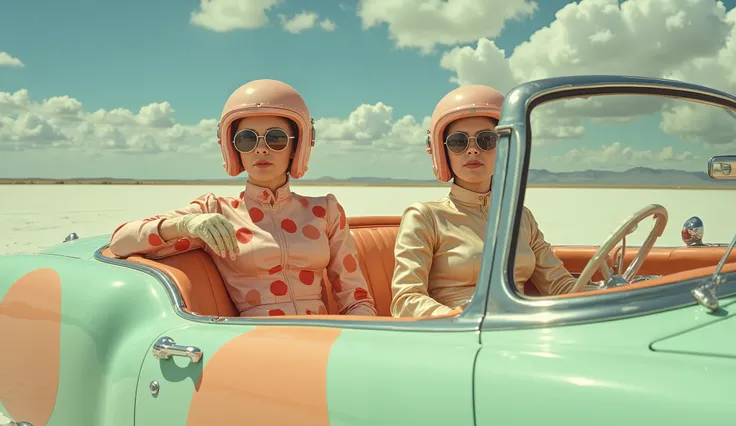 Two young adult women, likely Caucasian, seated in a custom-designed, mint-green convertible car. They are both wearing matching, vibrant, pastel-colored polka-dot jumpsuits. One wears a light peach jumpsuit, while the other wears a metallic gold jumpsuit...