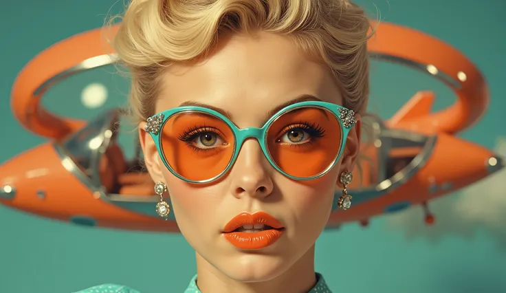 Close-up portrait of a young woman, likely in her 20s, with light blonde hair styled in a classic 1950s fashion. Intensely expressive, confident, and playful. Wearing large, oversized, turquoise-colored aviator sunglasses with ornate, jeweled details and...