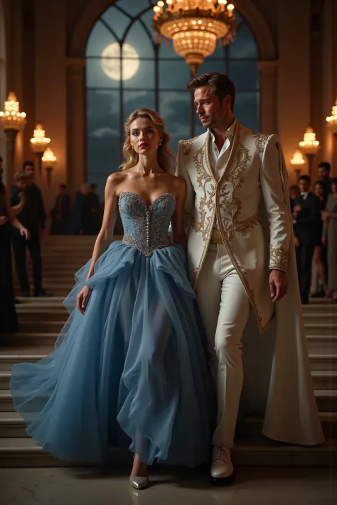 A hyper-realistic, 8K cinematic render of Cinderella and Brad Pitt walking side by side down the grand staircase of a majestic palace under the soft glow of golden chandeliers. Cinderella wears a breathtaking, shimmering blue ball gown with intricate silve...