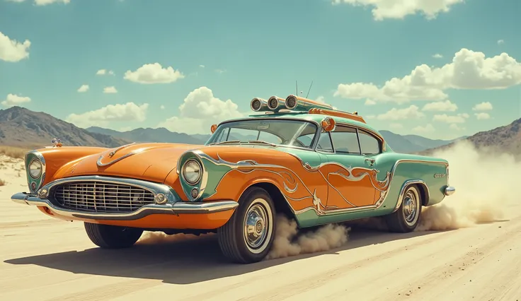 Low-angle, wide shot of a custom, vibrant orange and teal-colored, stylized car on a vast, light beige desert. The car's bodywork features intricate, abstract patterns, resembling flowing, organic forms, with a futuristic, art deco style. The vehicle's d...