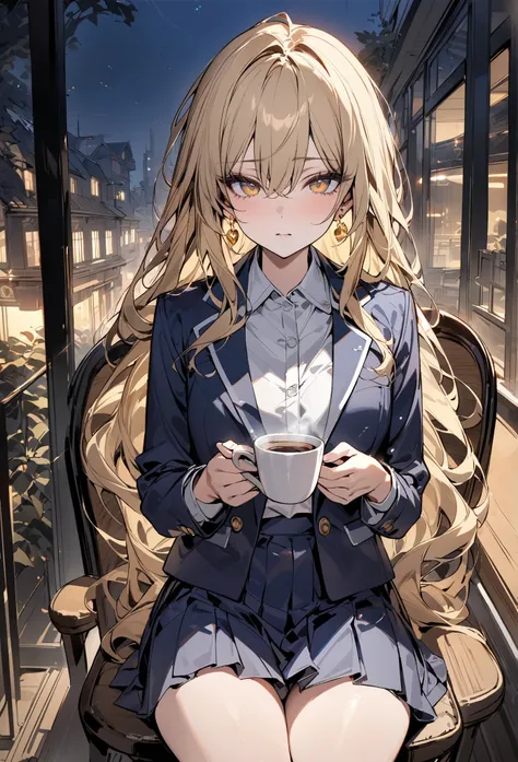 ((masterpiece,super quality:1.2)),(super resolution),(solo),Cowboy Shots,night,Slender, slender high school student drinking coffee sitting on a chair on a cafe terrace outside,beautiful face,(blonde long hair),perfect golden eyes,no expression,high qualit...