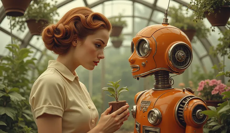 A young woman with vibrant auburn hair, styled in a 1940s-inspired updo, stands in a greenhouse, interacting with a vintage-styled orange robot. She is of light complexion, and appears to be in her late s or early twenties. She is wearing a cream-colored...