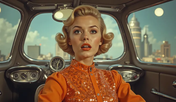 Young, light-skinned woman in her 20s, with short, platinum blonde hair styled in a 1940s-inspired bob. She wears an orange, shimmering, sequinned jumpsuit, reminiscent of a futuristic, glamorous space-age ensemble. The jumpsuit's fabric appears to h...