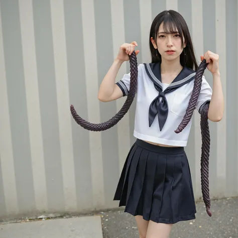 arafed asian woman in a skirt and a white shirt posing for a picture, japanese school uniform, japanese girl school uniform, wearing japanese school uniform, cute schoolgirl, jk uniform, beautiful anime high school girl, Wear loafers, Open belly button, Op...