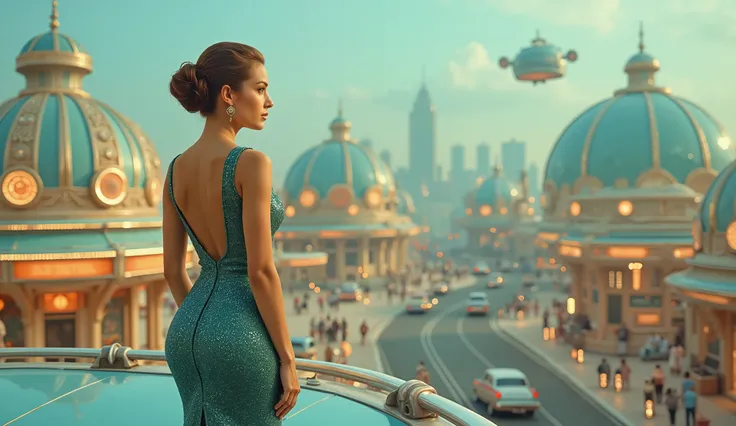 Elegant woman in teal gown, gazing at futuristic cityscape. Young, Caucasian woman, mid-20s, stands on elevated platform overlooking vibrant, stylized city. She wears a form-fitting, teal, sequined gown with a deep V-back, showcasing a sleek silhouette. ...