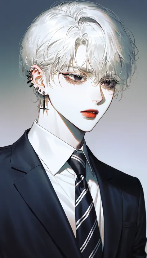 White hair,Black eye,short cut,student from school,Garma,tie,Korean,white skin, lashes, ear piercing,man,1man,alone,best quality,naturally, alone, solo