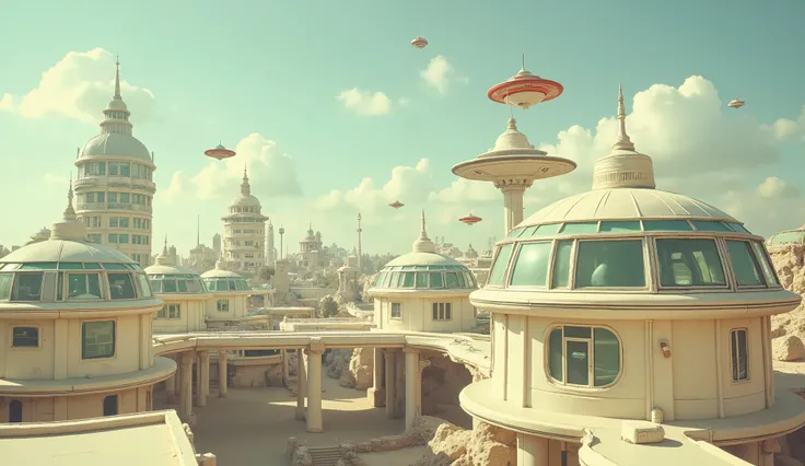 Futuristic cityscape, mid-century modern style, pastel colors, floating vehicles. Circular structures, pale beige and pastel teal domes, multiple levels with large windows. Buildings connected by walkways, a sense of aerial perspective. Floating, dis...