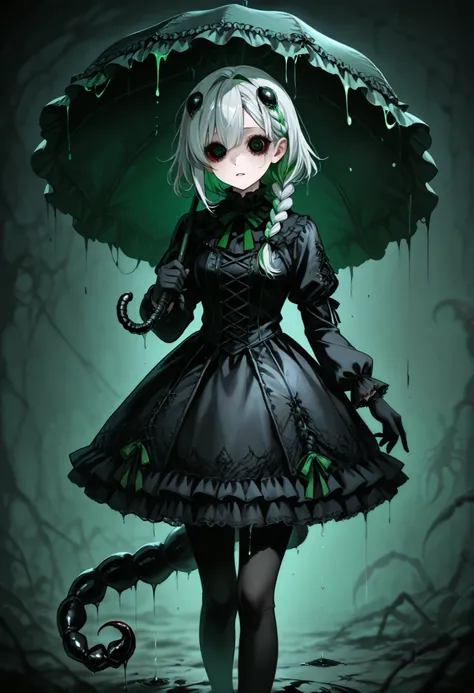 Scorpion girl. Black gothic dress. Scorpion tail. Crustacean. Parasol. Silver hair. Horror eyes. Single braid. Crustacean left hand. Black gloves. Spider eyes in her hair. Dripping green mucus.