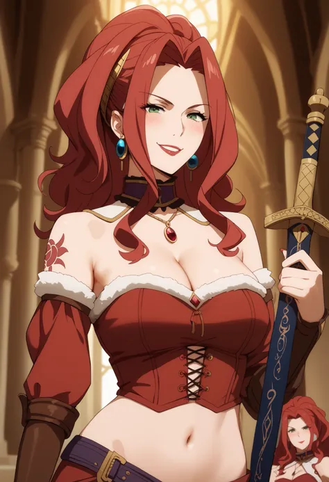girl, anime malty, medium Breasts,   excitement,  red hair, green eyes ,  ear piercing, long hair, blush, lipstick,Hot girl, baddie, sensual, attractive ,jewelry, earrings, large breasts, long hair, black eyes,||1. yomamabhamazon, navel, crop top,  red clo...
