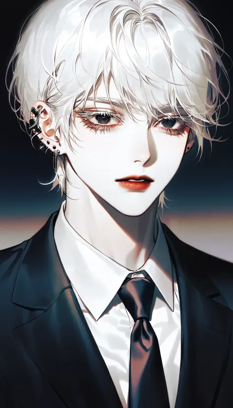 White hair,Black eye,short cut,student from school,Garma,tie,Korean,white skin, lashes, ear piercing,man,1man,alone,best quality,naturally, alone, solo