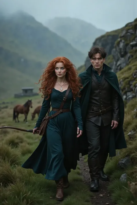 A hyper-realistic, 8K cinematic render of Merida and Cillian Murphy walking side by side through the misty highlands of Scotland at dawn. Merida, with her wild, fiery red curls cascading down her back, strides forward confidently, her piercing blue eyes fi...