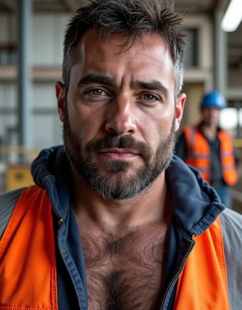 masterpiece, best quality, high resolution, closeup portrait, male focus, solo focus, A man, 40 years old, with construction worker uniform, unbuttoned work clothes, construction worker, hair, messy hairstyle, cute and seductive face, bare chest, body hai...