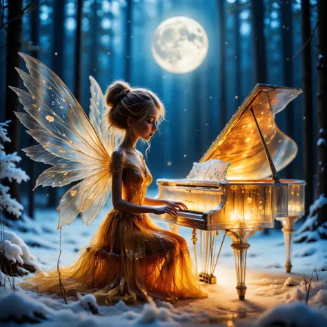 (fata), ( capelli biondi), (occhi marroni), (enormi ali), che suona un (lit and luminous and translucent grand piano) surrounded by snowfall, Crescent giant moon, creando un'atmosfera incantevole e magica . The scene radiates a serene and whimsical vibe, w...