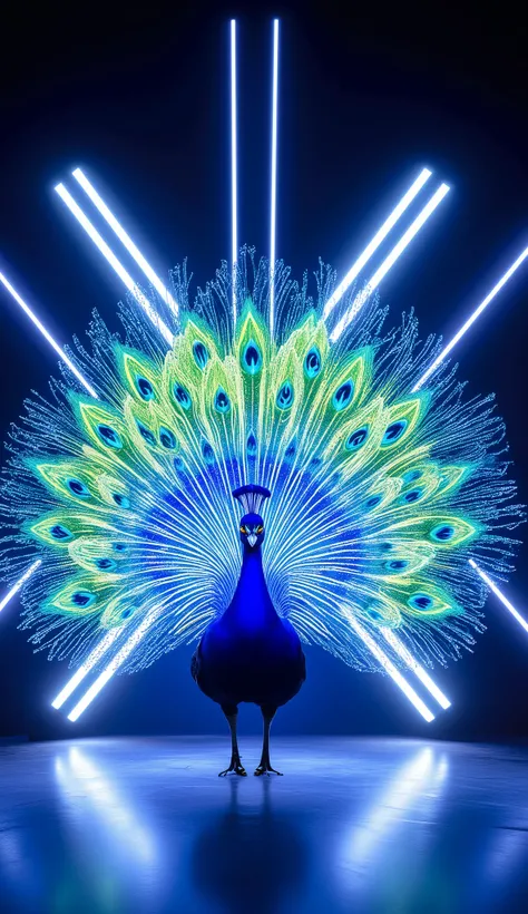"A giant enchanted peacock stands on the America's Got Talent stage, its vibrant and colorful feathers spread wide, glowing with an ethereal aura. The feathers shimmer in a spectrum of blues, greens, and golds, reflecting the stage lights. The neon 'X' beh...