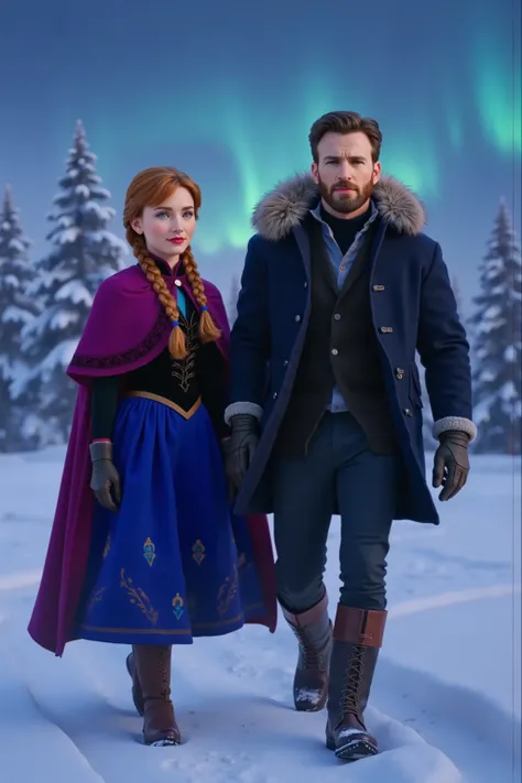 A hyper-realistic, 8K cinematic render of Anna from Frozen and Chris Evans walking side by side through a breathtaking snow-covered landscape. Anna, with her signature auburn hair braided over her shoulder, walks with a determined yet cheerful expression. ...