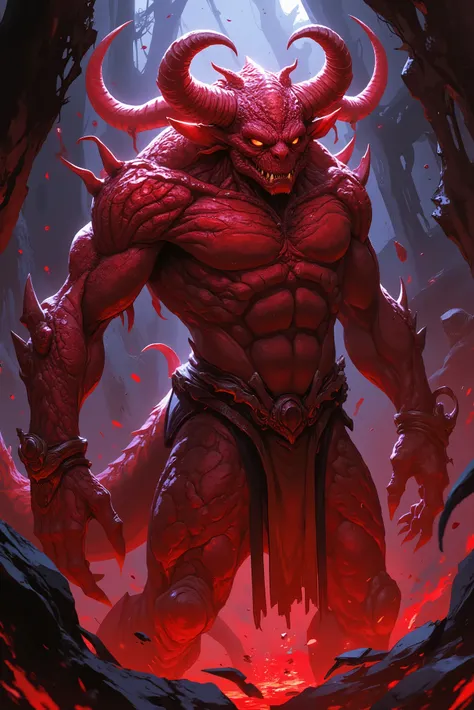 red devil. scaly skin . lizard tail. Terrifying Eyes. Horns. anime. upright posture