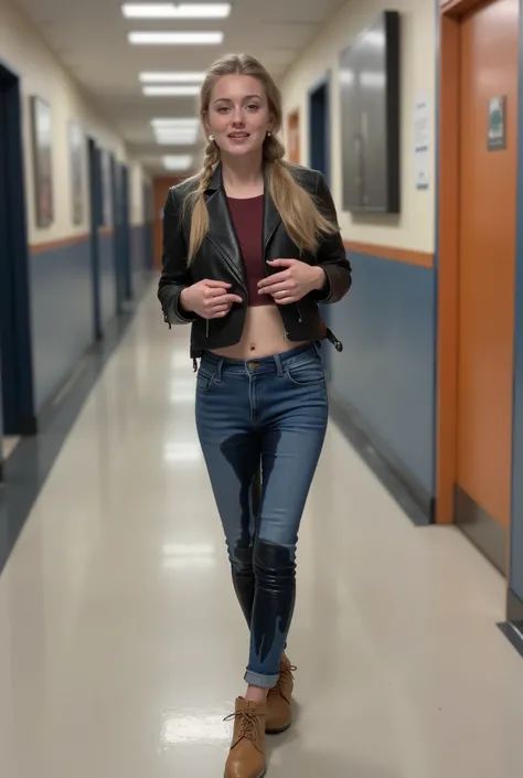 8k high resolution, best quality, dutch girl,  platinblonde hair as a braid, 20 years old, walking down busy hallway, busy school hallway, desperate to pee, visible need to pee, smeared makeup, peeing her pants, cant hold it, pee pants accident, visible we...