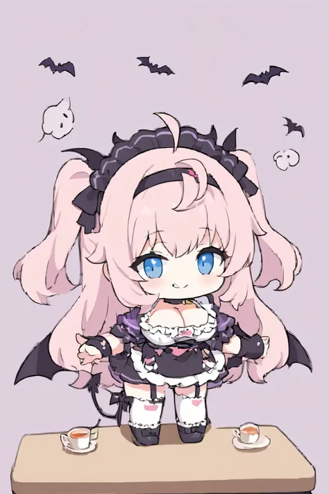 、  chibi、  chibi character、  chibi characterクター、Super Mario background、The table and tea set are placed、
Character details(long hair, long two side up、異常にlong hair、voluminous hair、ahoge、hair、naughty face,provocative face、 front hair between eyes),small bat...