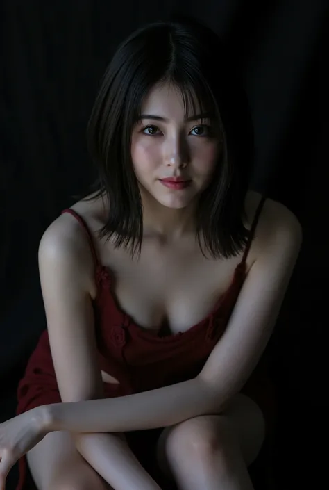 ((( High resolution,top quality, super detailed, Masterpiece , very detailed,realistic,real person,Ultra detailed skin))) ,dark background,(from front),upper body, thin ,medium shot, looking at viewer , (tempt face, closed mouth),  black hair, medium hair,...