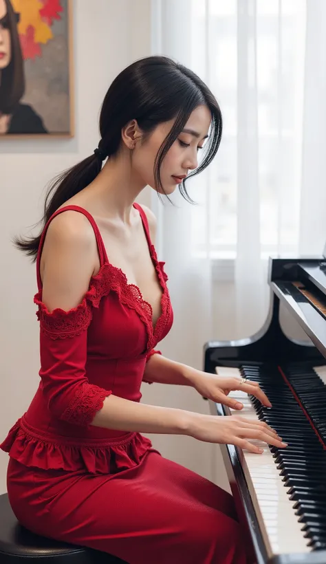 High Angle,20 years old Japanese female star,Slim Hands on Piano Keys,Focus on Playing,Wearing a Red Ruffle Slim Fit Dress,Chest Lace Stitching,Skirt with Fork,Minimalist White Living Room Scene,Wall Hanging Abstract Painting,4k HD,realism,high quality of ...