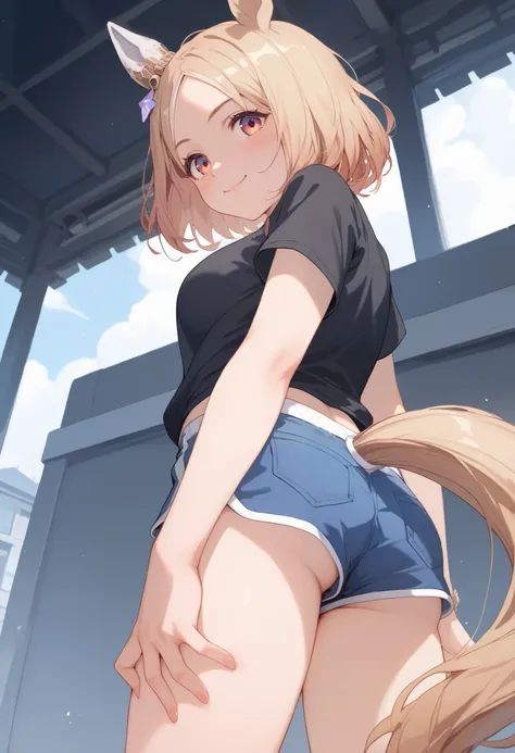 Narita, horse tail, short hair, animal ears, ear ornament, ear covers, single ear cover， 1 girl, Alone, anime style，cute girl,BEST QUALITY, super detailed, anime style，8k, high resolution, detailed images，（（An image of looking up at a character from direct...
