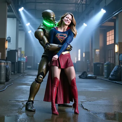 Melissa Benoist as Supergirl, (a very short skirt), fighting with an enemy, she is sexual assaulted from behind by Lex Luther the robot, she bend down and push his hand out, a green lighting collar on her neck, painful face, (Supergirl is screaming in pain...