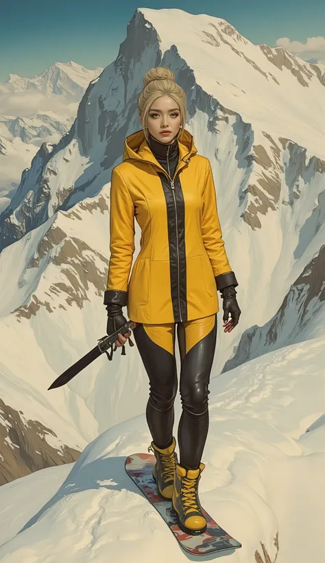 Full body, unique beauty, amazing yellow full body suit with black stripes, view from back snowboarding down hill on an alpine mountain, action pointing a weapon, a true villain for James Bond, watercolor or oil painting poster pin-up art nouveau style Dre...