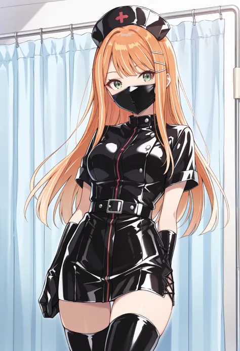 Score_9, score_8_up, score_7_up, source_anime, 1girl, shiun sumika, green eyes, long hair, jewelry, orange hair, hairclip, medium breasts, enamel leather dark nurse, latex dress, black latex gloves, black latex legwear, latex, latex skirt, (best quality), ...