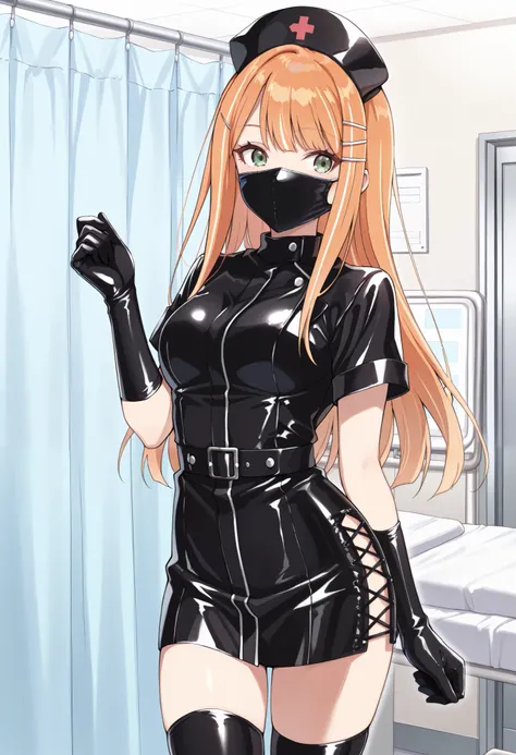 Score_9, score_8_up, score_7_up, source_anime, 1girl, shiun sumika, green eyes, long hair, jewelry, orange hair, hairclip, medium breasts, enamel leather dark nurse, latex dress, black latex gloves, black latex legwear, latex, latex skirt, (best quality), ...