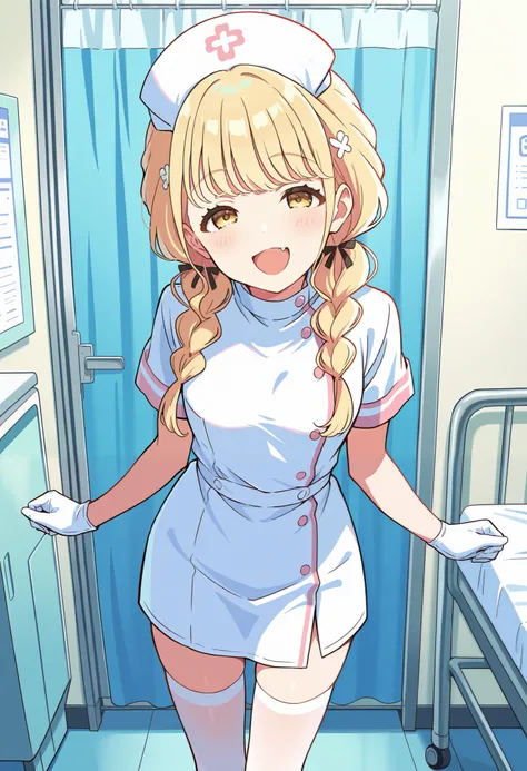 Score_9, score_8_up, score_7_up, source_anime, 1girl, fujita kotone, twin braids, blonde hair, hair ornament, bangs, yellow eyes, small breasts, (best quality), (high quality), {masterpiece}, extremely delicate and beautiful, ultra-detailed, beautiful deta...