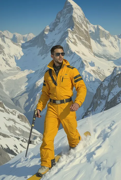 Full body, unique beauty, amazing yellow full body suit with black stripes, view from back snowboarding down hill on an alpine mountain, action pointing a weapon, a true villain for James Bond, watercolor or oil painting poster pin-up art nouveau style Dre...