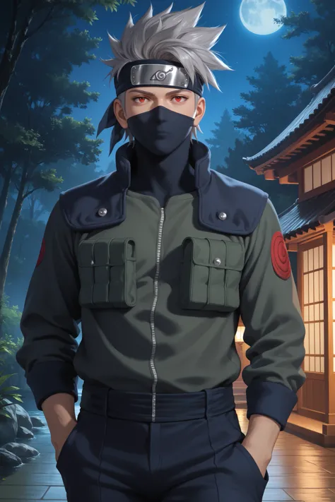 masterpiece, beautiful, ultra-detailed, detailed face, 4k, hd, perfect lighting, best quality, score_9, score_8_up, score_7_up, 2d art, perfect hands, perfect eyes
((cowboy shot))
kakashi, grey hair, covered mouth, mouth mask, red eye, scar across eye, for...