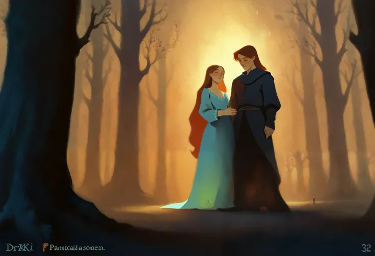 drki, close portrait, 1girl, 1boy, full body portrait, wide angle, romance,  standing in a dark forest, couple scene, ethereal, soft expression, mystical fantasy aesthetic, painterly illustration, gouache painting, soft lighting illustration, 2d art, delic...
