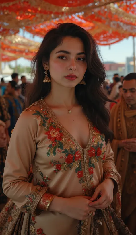 a captivating scene of a Pakistani busty, her pale skin glowing with natural beauty, (dark thick long hair), (big breasts), (modeling), (model photoshoot), standing in a Eid ceremony, She wears a fitting colorful satin shalwar kameez, , Her hips are accent...