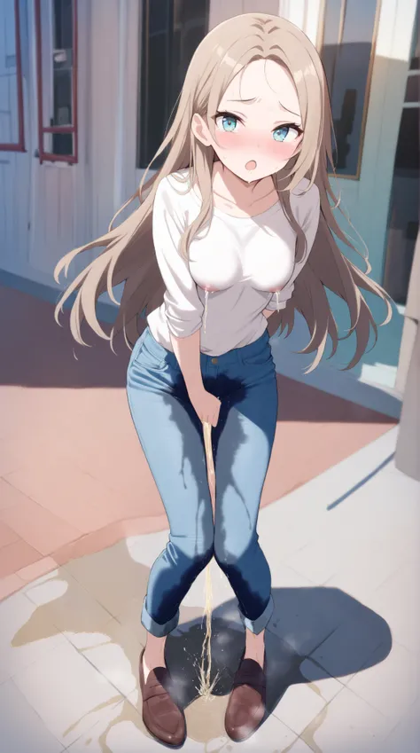 1girl, youthful female, beautiful eyes, lovely long hair, forehead, (lactation), medium breast, skinny body, (wetting herself:1.5), (desperation), large wet pee stain, pee stain visible on her pants, (blue denim pants), casual outfit, footwear, looking at ...
