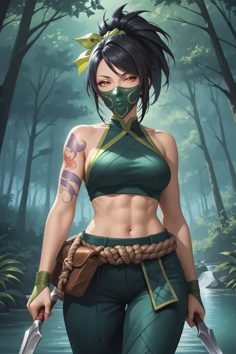 masterpiece, beautiful, ultra-detailed, detailed face, 4k, hd, perfect lighting, best quality, score_9, score_8_up, score_7_up, 2d art, perfect hands, perfect eyes
((cowboy shot))
AkaliLoLXL, green mouth mask, yellow eyes, black hair, swept bangs, green ri...