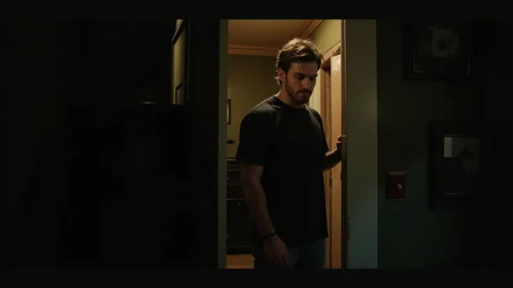 berke,4K, horror film, cinematic quality, cool tones. A man wearing a black t-shirt and casual pants grips a doorknob with one hand,