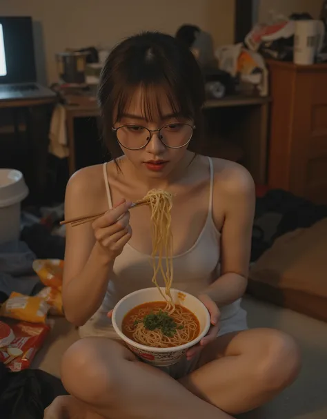 A hyperrealistic, ultra-HD cinematic photograph of a young woman with glasses, wearing a loose, slightly revealing camisole, sitting in a messy, dimly lit room, slurping instant ramen with chopsticks. Her hair is slightly disheveled, her lips slightly part...