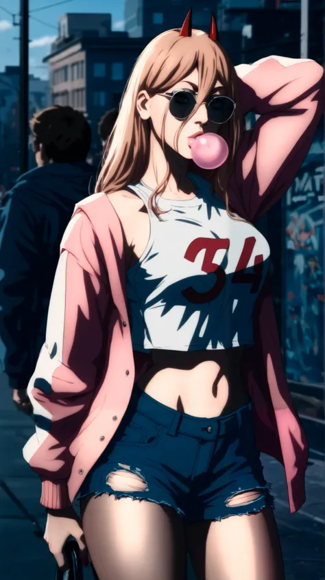 A hyper-realistic portrayal of Power from Chainsaw Man, styled in urban street fashion. She wears a pink and gray varsity jacket with a black star emblem, a black-and-white striped crop top, and ripped black denim shorts, mirroring the reference outfit. He...