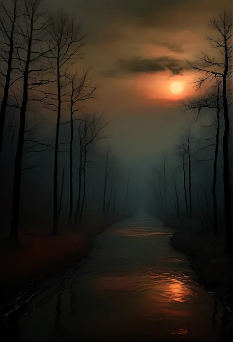 Silent Hill is a damned city. Forgotten, gloomy, terrible shadows in the city. In the style of Ralph Blakelock, Ed Emshwiller, Marianne Wroten, Arthur Rackham. Very beautiful, gouache, cinematic, dark, creepy, mysterious, modern vintage, rich deep colors, ...