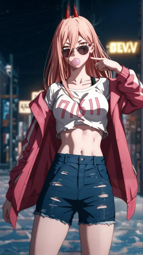 A hyper-realistic portrayal of Power from Chainsaw Man, styled in urban street fashion. She wears a pink and gray varsity jacket with a black star emblem, a black-and-white striped crop top, and ripped black denim shorts, mirroring the reference outfit. He...