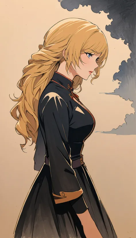 vintage movie, woman, mature, wavy blonde hair, woman body, black top, black bodycon skirt, black boots, dark room, Silhouette of clouds, traditional media, Contemplative.  yang xiao long from rwby, dutche angle