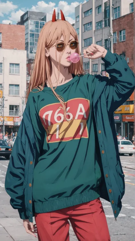 A hyper-realistic depiction of Power from Chainsaw Man, dressed in a vibrant yellow oversized jacket, a neon green sweater, and red pants, perfectly matching the reference outfit. Her hair is styled in two small, messy buns, with her sharp devil horns peek...