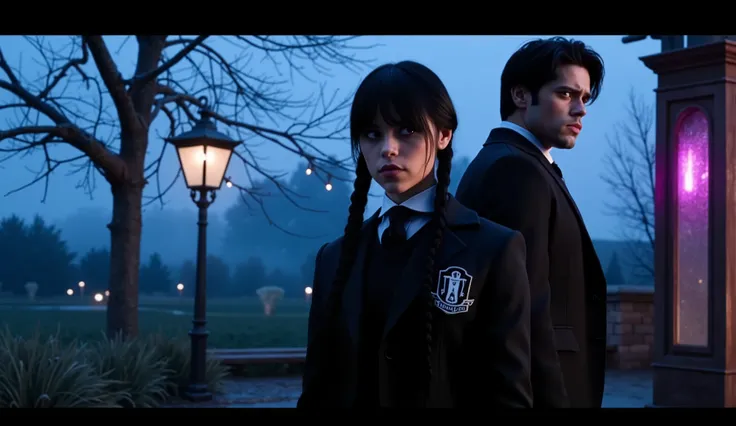 a cinematic YouTube banner inspired by Wednesday Addams --v 5.2 --ar 16:5 --style raw --q 2 --s 750 --v 5.2
dark gothic fantasy atmosphere, blue and purple tones, misty background, Nevermore Academy in the distance, moonlight, twisted trees, stormy sky, li...
