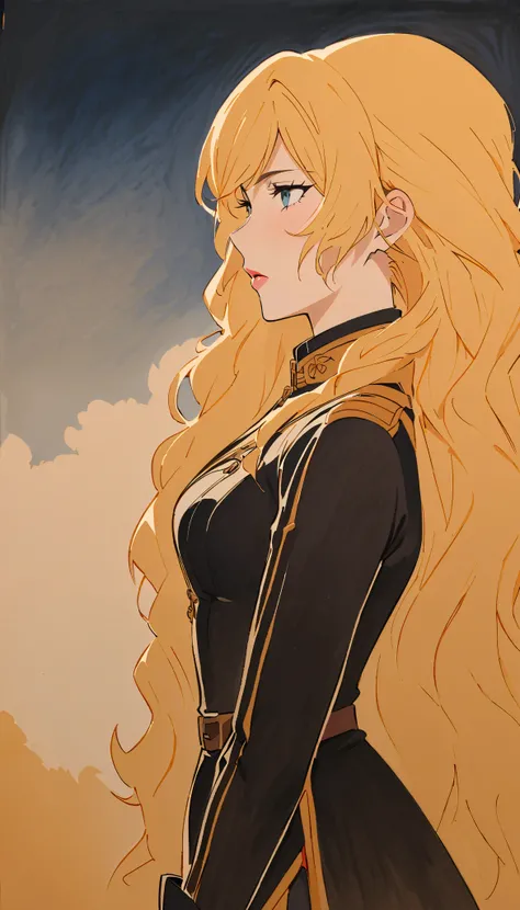 vintage movie, girl, wavy blonde hair, woman body, black top, black bodycon skirt, black boots, dark room, Silhouette of clouds, traditional media, Contemplative.  yang xiao long from rwby