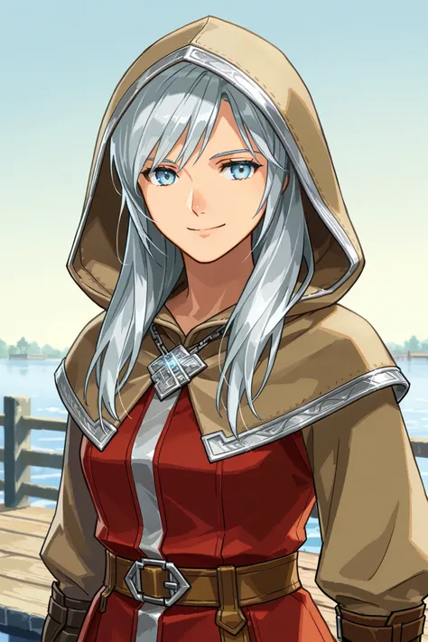Human, female, long silver hair, light blue eyes, wearing a brown fur hood , hood up, grey breeches silver amulet, standing on a pier by colonial docks, (nordix clothing), warm smile, confident fantasy art, dungeons and dragons, close up, npcp