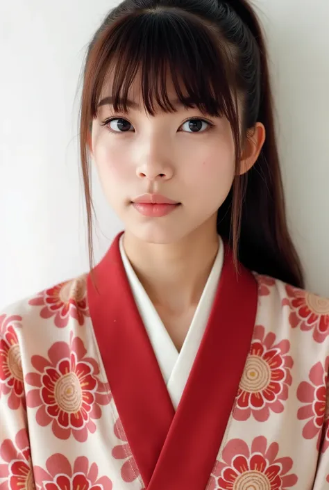 Create a photo collection featuring a beautiful Japanese idol girl with fair skin. She should have long, straight hair styled in a ponytail with bangs. Showcase her in a glossy hakama outfit paired with boots, emphasizing her purity and charm.