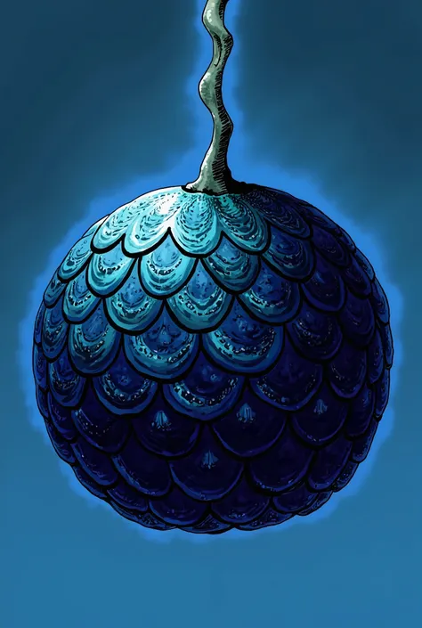 A single fruit, blue dragon scales on the fruit, black and blue scales, round fruit, blue stem,