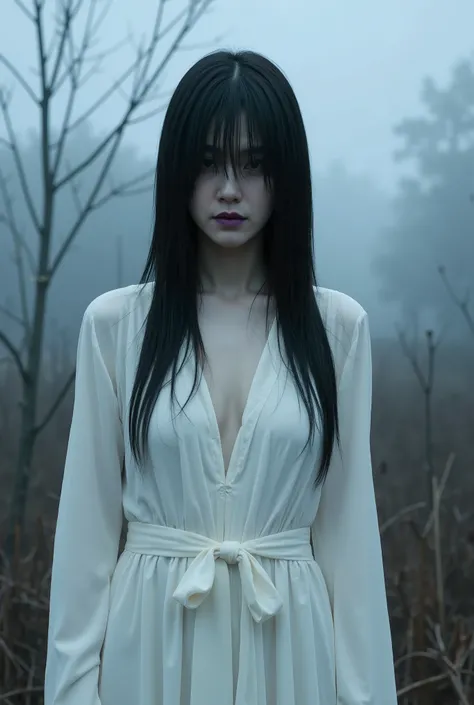 Create a haunting portrait of a beautiful Japanese actress on the set of a horror movie. She has ghostly pale skin, deep purple lips, and an eerie presence. Her long, disheveled black hair covers her face, hiding her eyes and giving her a terrifying appear...